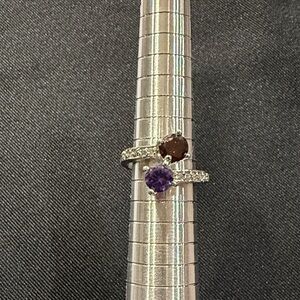 Silver Double Gemstone Ring with Purple and Red Stones, Sz 6.5